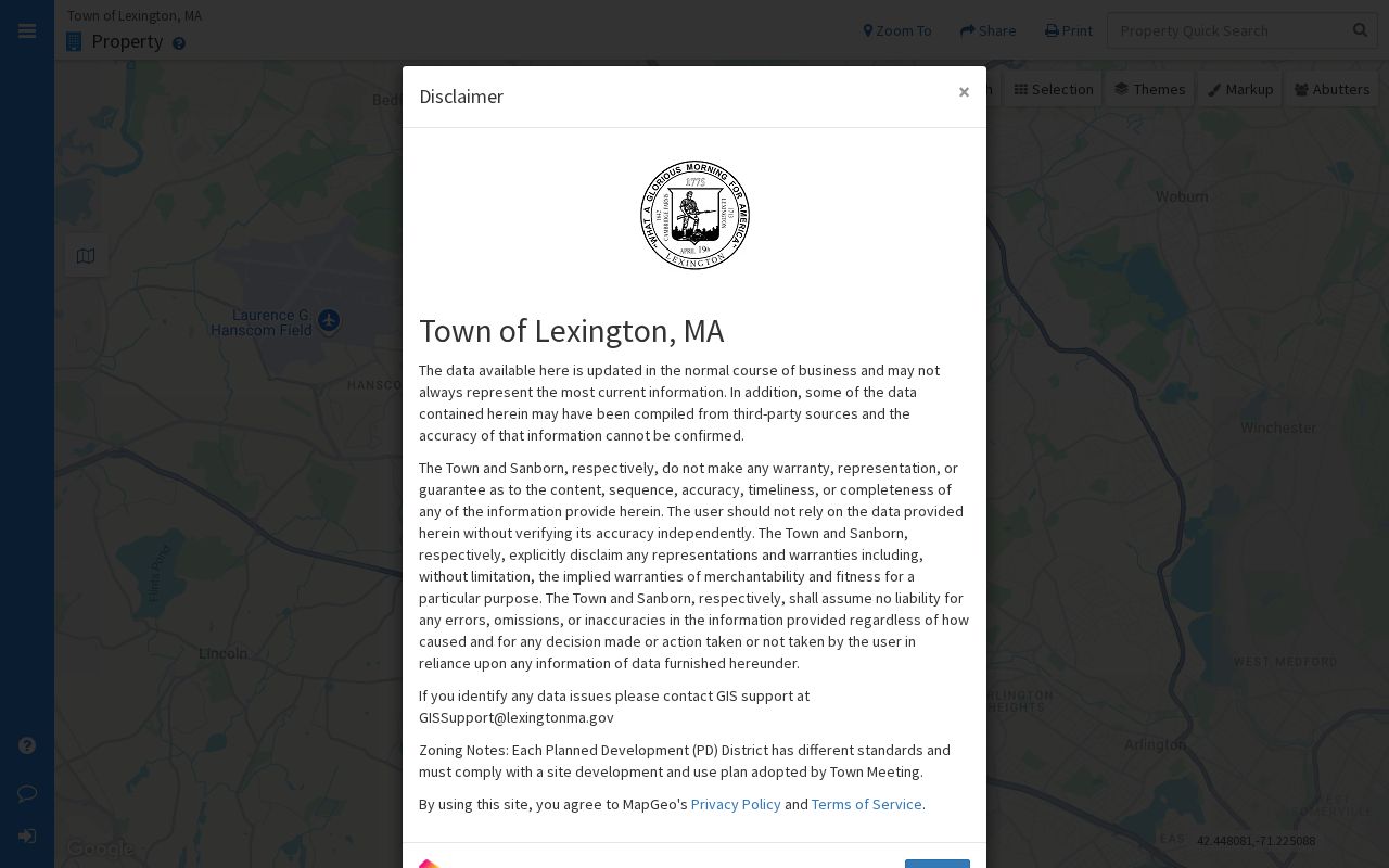 Lexington neighbors block lookup using the MapGeo parcel and abutter viewer