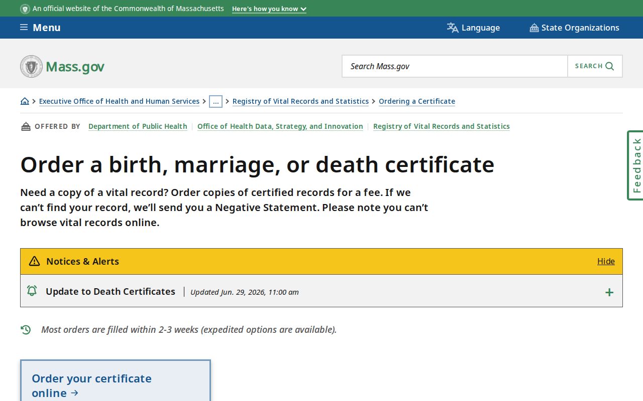 Lexington resident lookup context on the Massachusetts vital-record ordering page