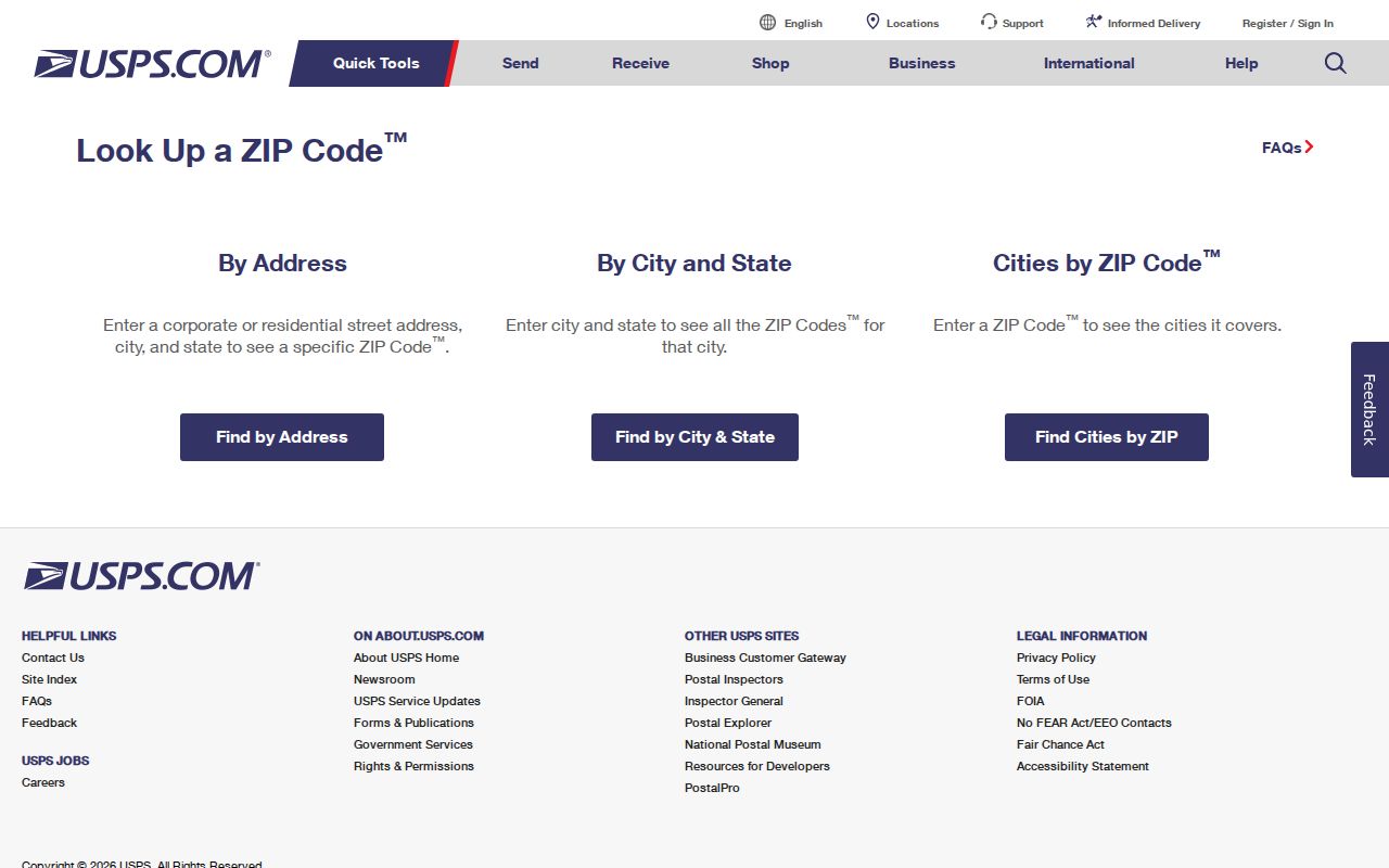 Lexington ZIP code directory context on the USPS ZIP Code Lookup screen